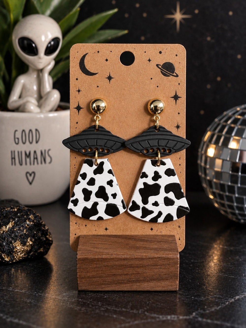 UFO Cow Abduction Stud Dangle Earrings Black White Alien Western